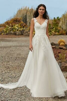 Robe de mariée Été Sans Manches Tissu Dentelle Longue Appliques Col en V