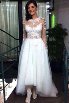 Robe de mariée Manche Longue Asymétrique Col ras du Cou Manche Aérienne