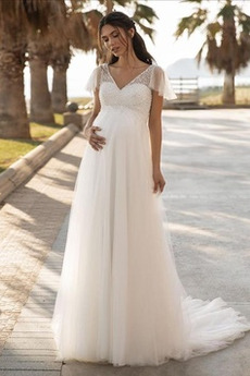 Robe de mariée Simple Bouton A-ligne Maternité Plage Traîne Courte