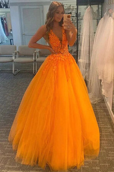 Robe de Bal a ligne Tulle Appliques Col en V Formelle Poire