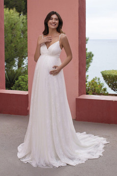 Robe de mariée Empire Bretelles Spaghetti Tulle Dentelle Longue Dos nu