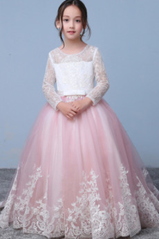 Robe Cortège Fille A-ligne Appliques Manche Longue Train de balayage
