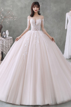 Robe de mariée Tulle Cathédrale Col Bateau Traîne Longue Manche Aérienne