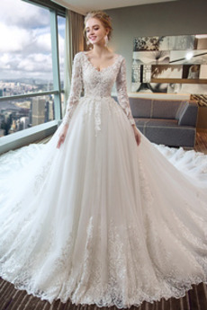 Robe de mariée A-ligne Salle Manche Aérienne Col en V Col en V Foncé