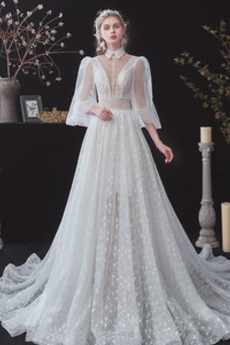 Robe de mariée Manche Longue Tissu Dentelle Traîne Moyenne Chaussez