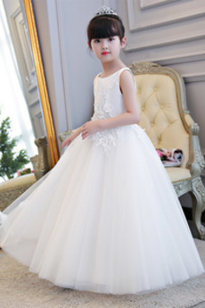 Robe Cortège Fille A-ligne Été Broderie Tulle Longueur Cheville