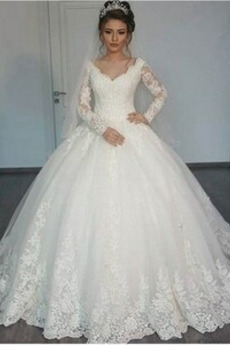 Robe de mariée Chapelle Cérémonial Col en V Longue Lacet Automne