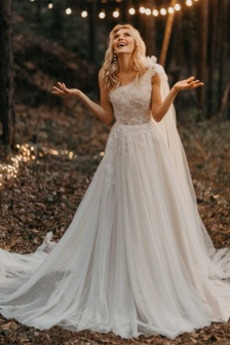 Robe de mariée Tulle Une épaule Norme Zip Train de balayage Naturel taille