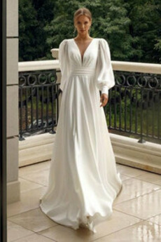 Robe de mariée Col en V Foncé Col en V Lanterne Chiffon Manche Longue