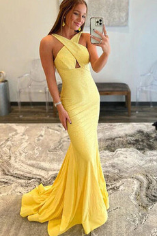 Robe de Soirée Sexy Dos nu élancé Train de balayage Col en V Naturel taille