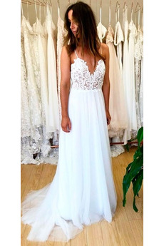 Robe de mariée Couvert de Dentelle Epurée Bretelles Spaghetti Appliques