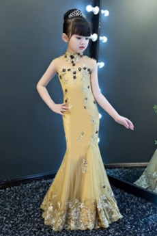 Robe Cortège Fille Traîne Courte Sans Manches Tissu Dentelle Dépouillé