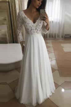 Robe de mariée Col en V Manche Longue Manche de T-shirt Longueur au sol