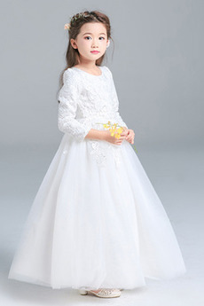 Robe Cortège Fille Tulle Automne Couvert de Dentelle Manche Longue