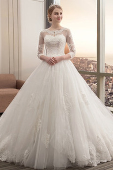 Robe de mariée Traîne Royal Cérémonial Couvert de Dentelle Col Bateau