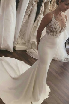 Robe de mariée Sirène Col en V Sans Manches Classique Appliquer Couvert de Dentelle