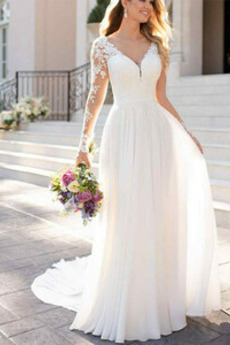 Robe de mariée Manche Longue Chiffon Longue Rivage Appliques Col en V