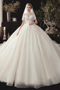 Robe de mariée A-ligne Manche Courte Couvert de Dentelle Glissière