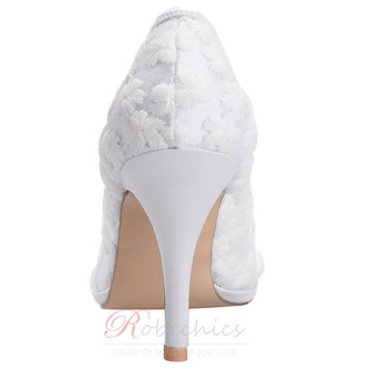 Dentelle de printemps bouche peu profonde pointu chaussures simples fleurs brodées talons hauts chaussures de mariage blanches - Page 4