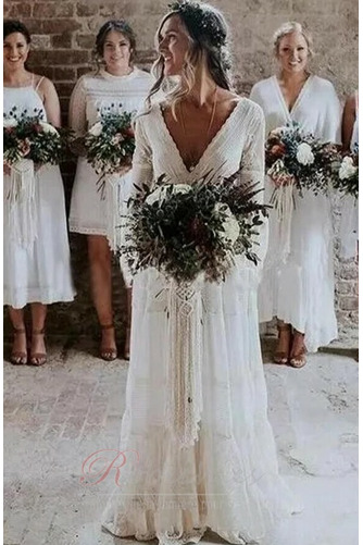 Robe de mariée Col en V Manche Lâche Longue Printemps A-ligne Naturel taille - Page 1