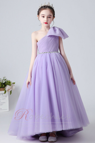 Robe Cortège Fille Tulle Orné de Nœud à Boucle Épaule Asymétrique Longueur au sol - Page 1