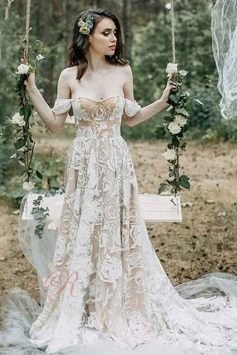 Robe de mariée Glissière Manquant Épaule Dégagée Longue A-ligne Romantique - Page 1