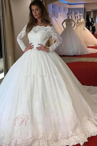 Robe de mariée Épaule Dégagée Sage A-ligne Chapelle Zip Traîne Moyenne - Page 1