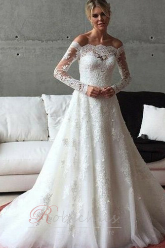 Robe de mariée Manche Longue Soie Couvert de Dentelle Train de balayage - Page 1