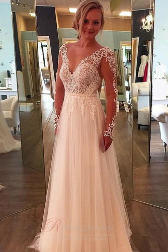 Robe de mariée Tulle a ligne Traîne Courte Fermeture éclair Couvert de Dentelle - Page 1