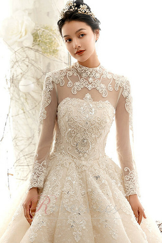 Robe de mariée Col haut Formelle Broderie Eglise A-ligne Couvert de Dentelle - Page 4