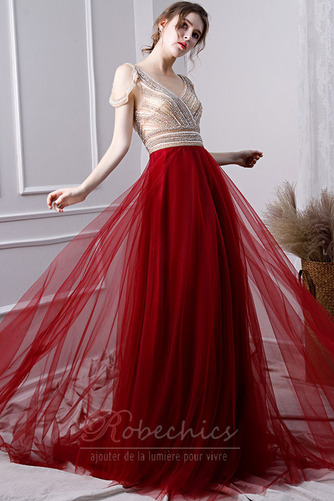 Robe de Bal Perle Sans Manches Mancheron A-ligne Tulle Col en V - Page 1