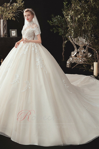 Robe de mariée A-ligne Manche Courte Couvert de Dentelle Glissière - Page 4