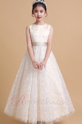 Robe Cortège Fille Tulle Fourreau Avec Bijoux Col ras du Cou Longueur Cheville - Page 1