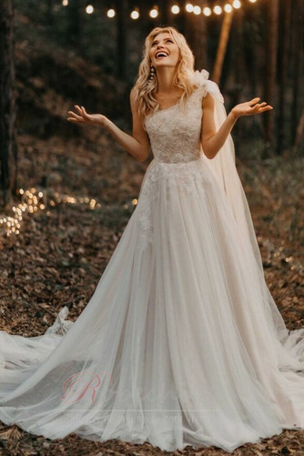 Robe de mariée Tulle Une épaule Norme Zip Train de balayage Naturel taille - Page 1