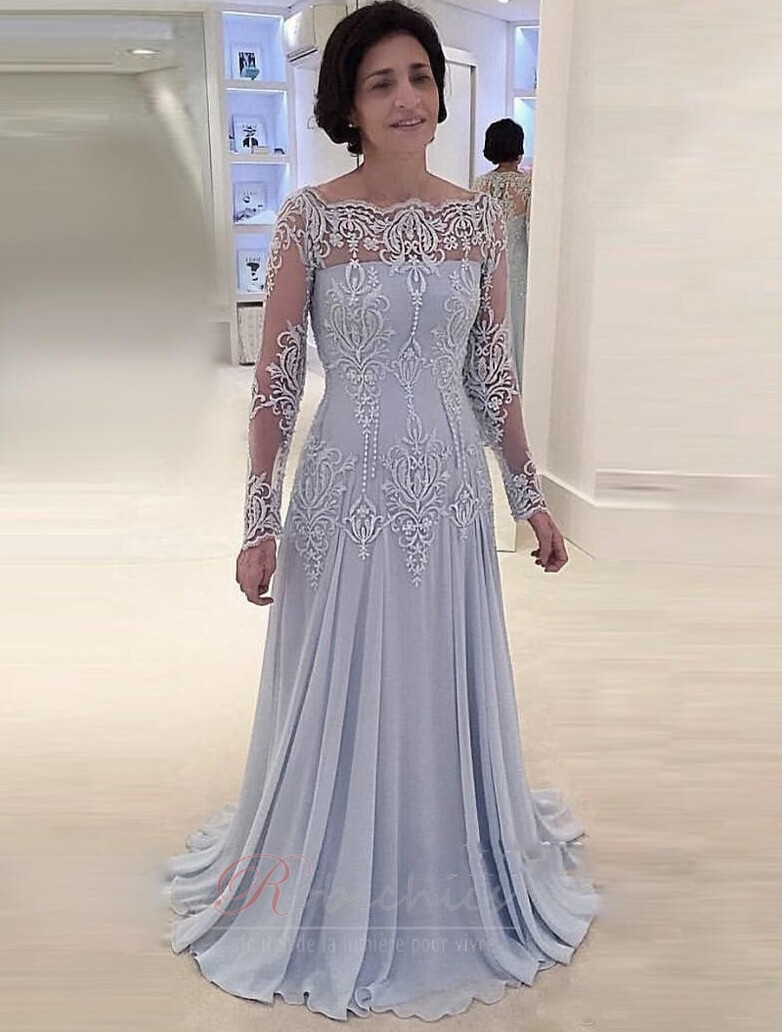 Robe Mère de Mariée Formelle Chiffon a ligne Glissière Longue Manche Longue robechics