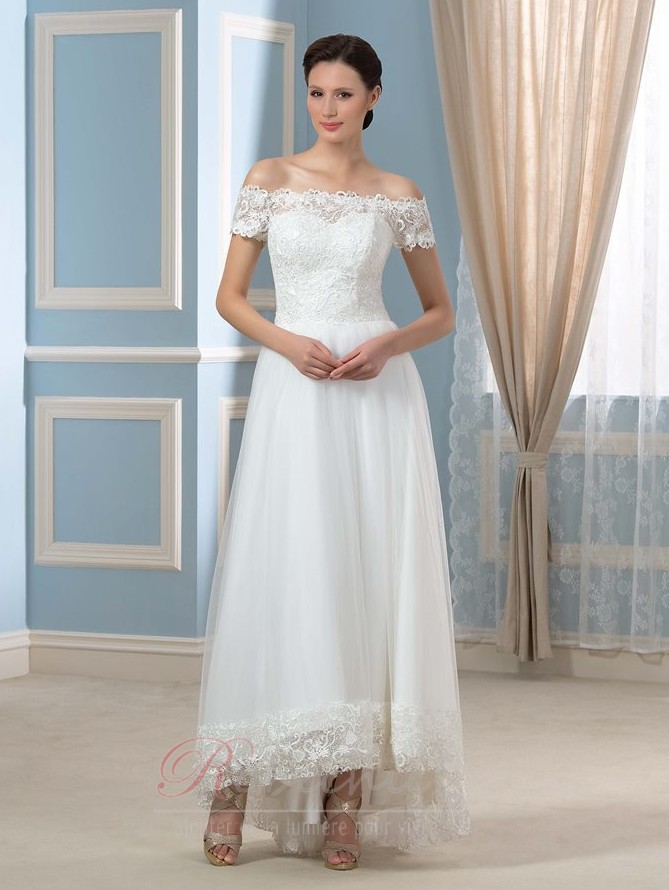 Robe De Mariée Col En V Dos Ouvert Robe De Mariée A-ligne Dentelle Tul