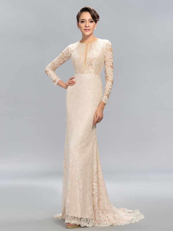 Robe de Soir?�e Naturel taille Petites Tailles Train de petit Tissu Dentelle - robechics.com