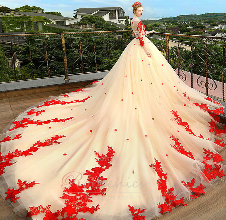 Robe de mariee Appliques Traine Royal Naturel taille Col U Profond RobeChics