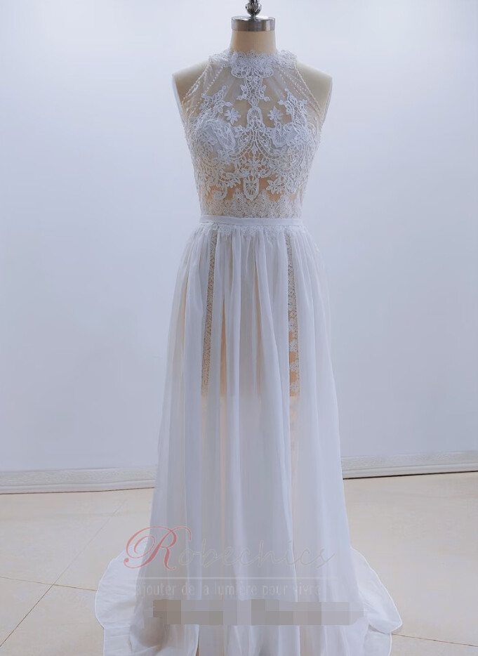 Robe de mariée Dentelle Chiffon Sans Manches De plein air Gazer Elégant Robe de mariée Dentelle Chiffon Sans Manches De plein air Gazer Elégant