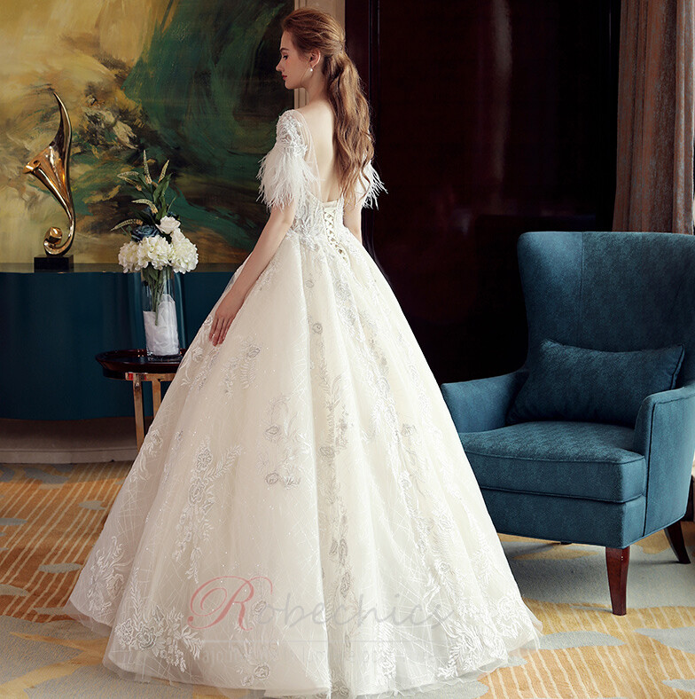 Robe de mariee Dos nu A ligne Naturel taille Eglise Manche Courte RobeChics