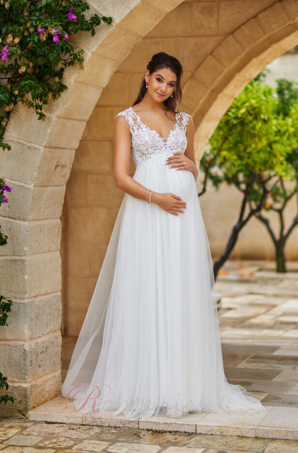 Robe de mariee Elegant Empire Appliques Col en V Fonce Col en V Longue robechics