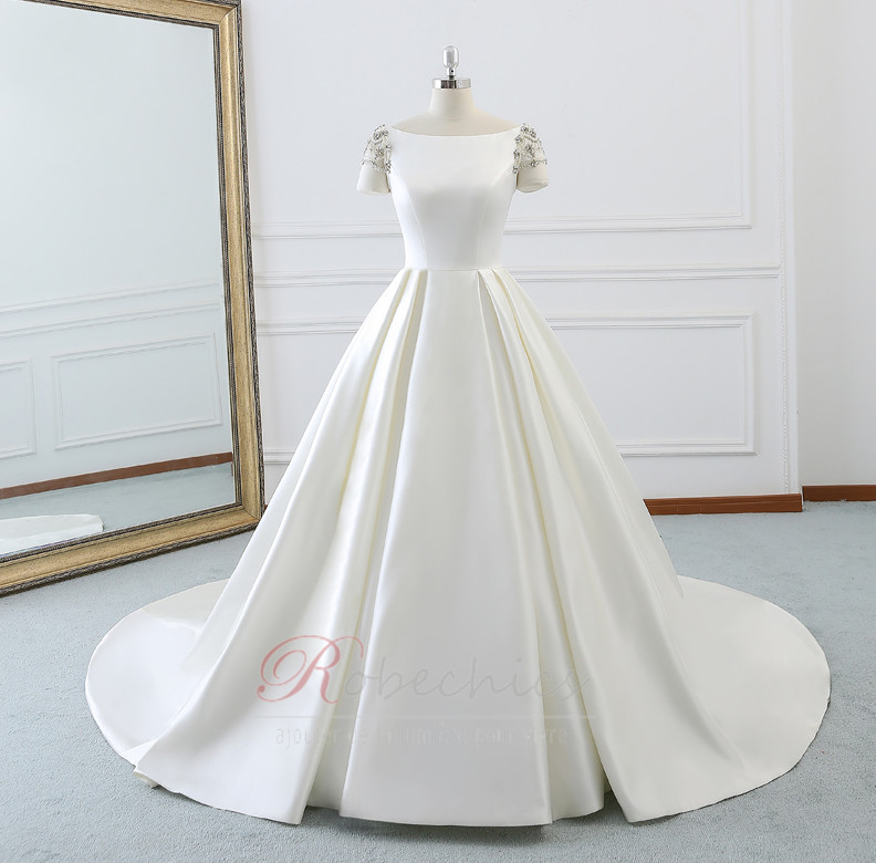 Robe de mariée Luxueux Manche de T-shirt Satin Traîne Royal A-ligne