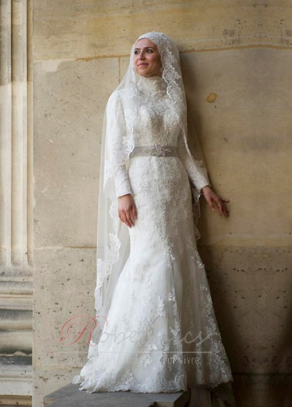 Robe de mariée Manche Longue Col haut Avec voile Haute Couvert