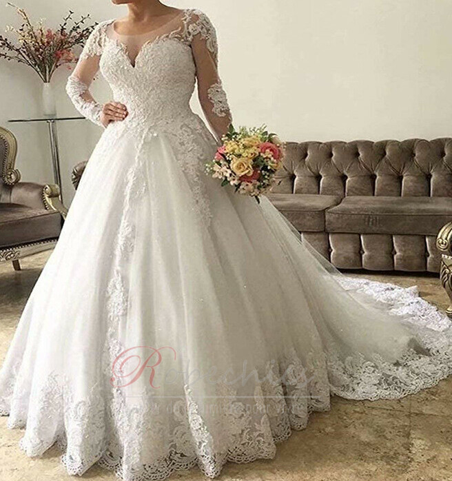 Robe de mariee Manche Longue Tissu Dentelle Col Bateau Eglise Froid RobeChics