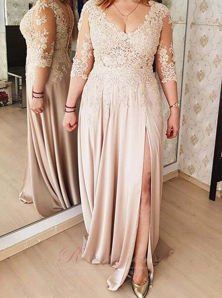 Robe Mere de Mariee Col en V Elegant Fourchure Frontale Traine Courte a ligne RobeChics